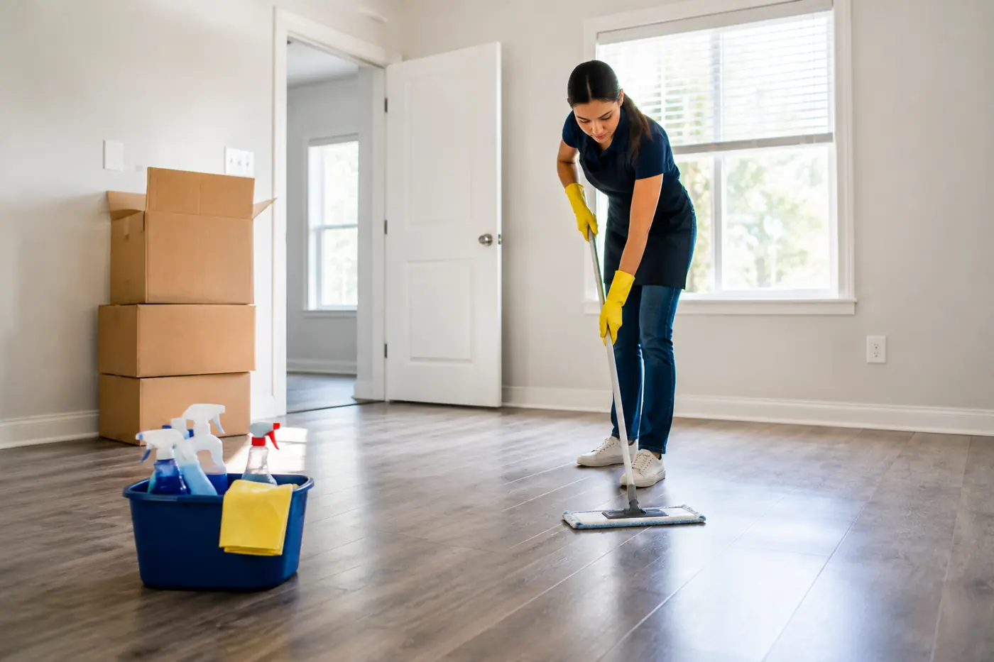 Cleaner mopping the floor of an empty home during a move-out cleaning