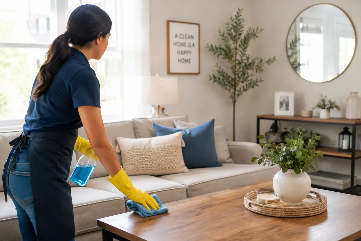 Cleaner dusting a tidy living room on a recurring cleaning visit