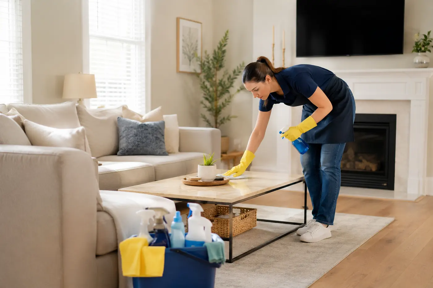 House cleaner wiping a living room coffee table during a standard house cleaning