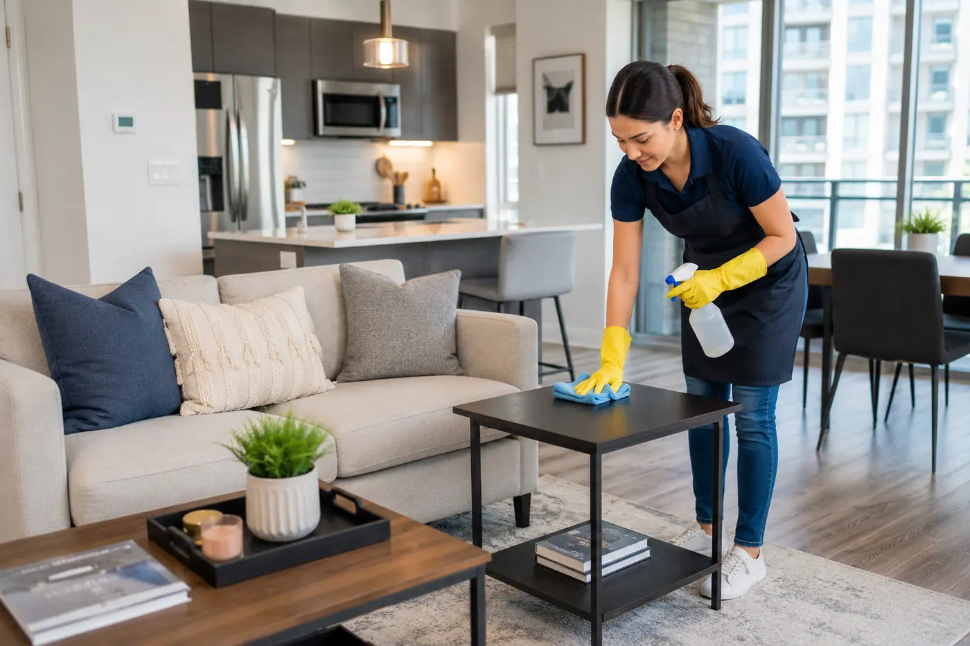 Cleaner wiping a side table in a modern apartment living room
